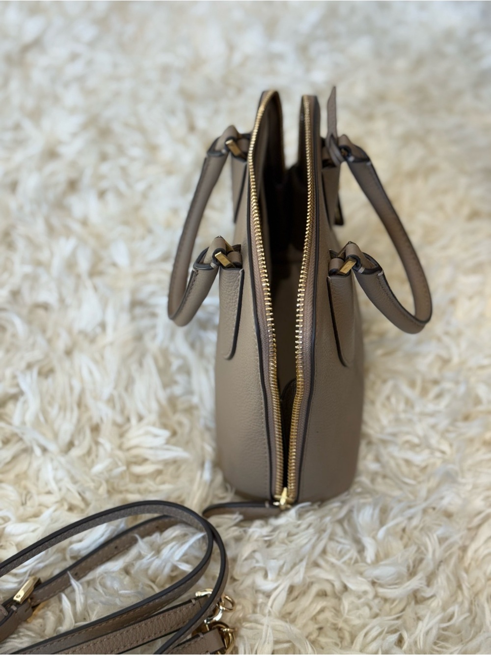 Tory Burch Taupe Pebbled Leather Dome Satchel Crossbody - Picture 4 of 9